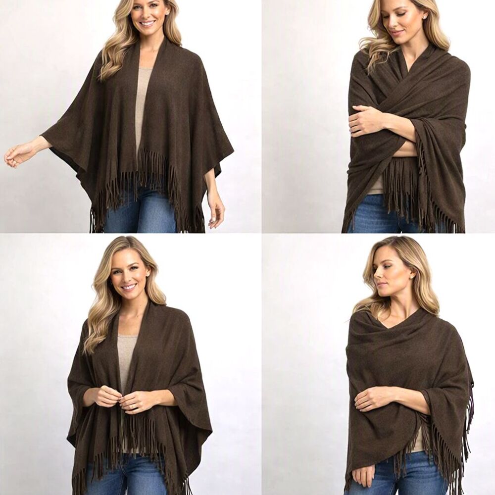 Avon Brown Faux Suede Microsuede Fringed Shawl 78" Y2K